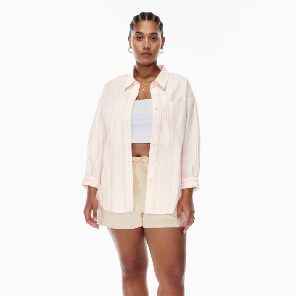 wilfred free x ARITZIA Boyfriend Poplin Shirt in FAENA BONE/WHITE Beige S SMALL
